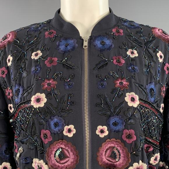 NEEDLE AND THREAD Size 4 Navy Burgundy White Embroidered Floral Bomber Jacket - Picture 2 of 14
